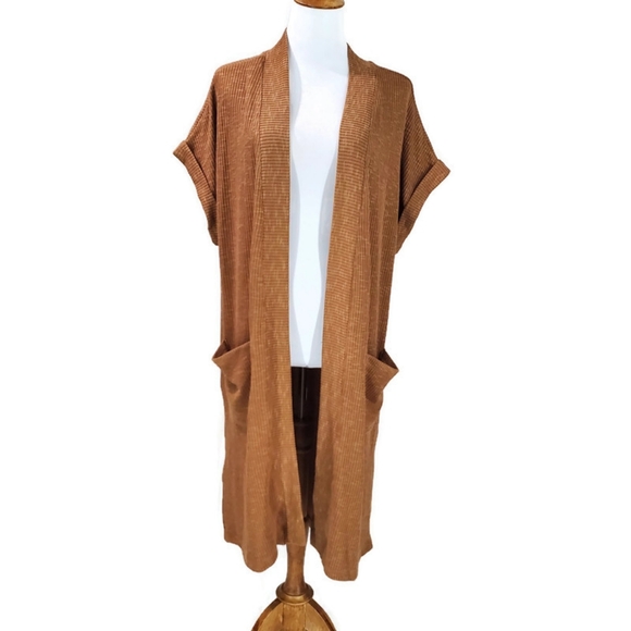 Jodifl Lightweight Brown Knit Short Sleeve Cardigan Sweater With Pockets NWT L - Picture 1 of 10